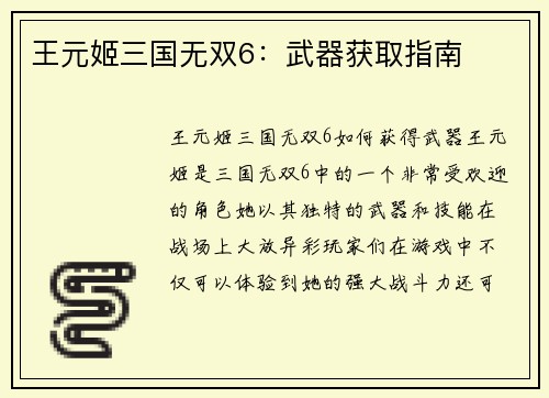 王元姬三国无双6：武器获取指南